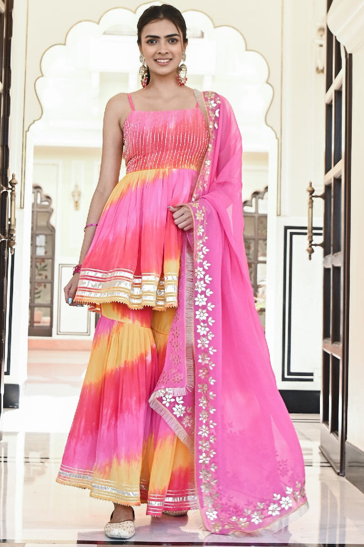 Khila Pink-Yellow Embroidered Spaghetti Kurta with Sharara & Gota Patti Dupatta