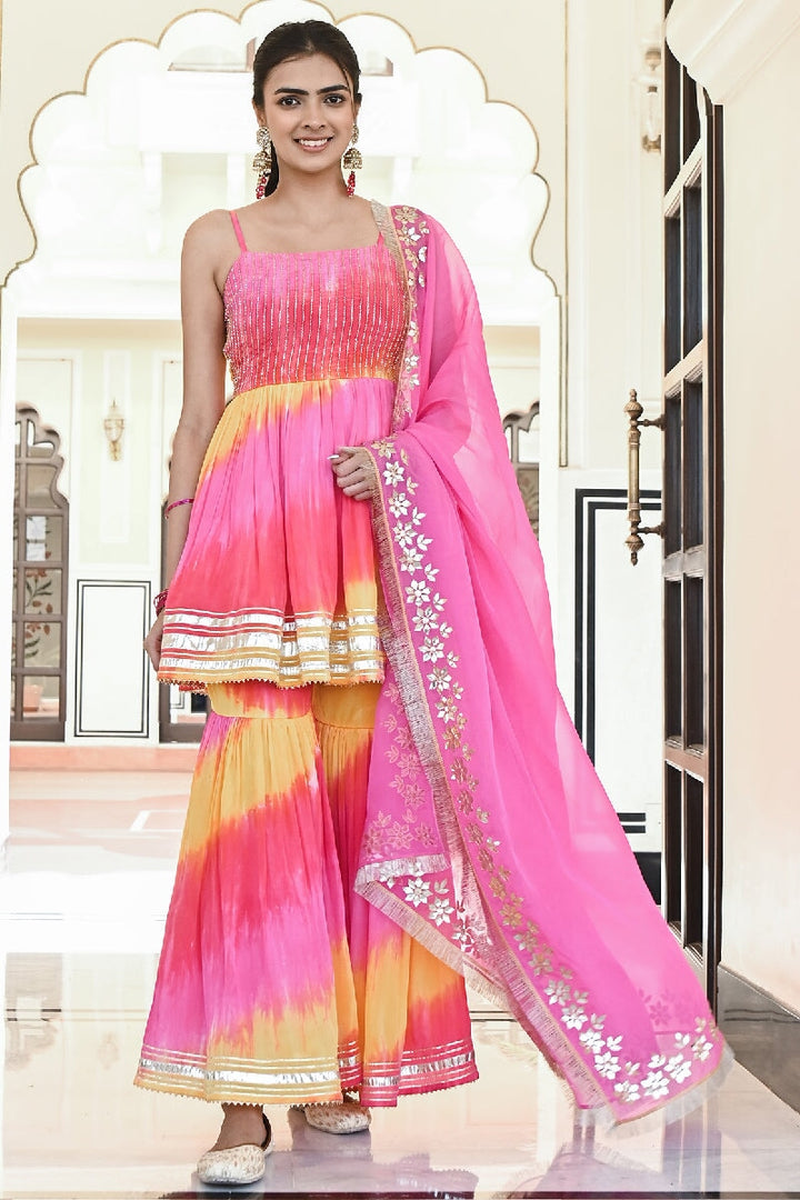 Khila Pink-Yellow Embroidered Spaghetti Kurta with Sharara & Gota Patti Dupatta