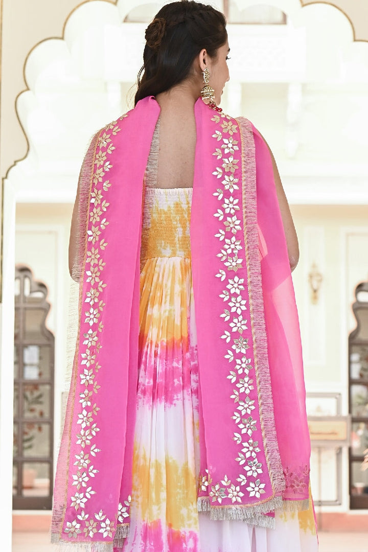 Manchali Yellow-Pink Embroidered Spaghetti Kurta With Pant & Gota Patti Dupatta