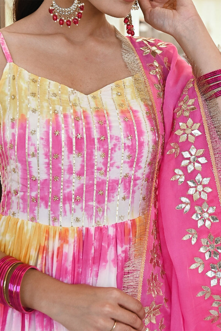 Manchali Yellow-Pink Embroidered Spaghetti Kurta With Pant & Gota Patti Dupatta