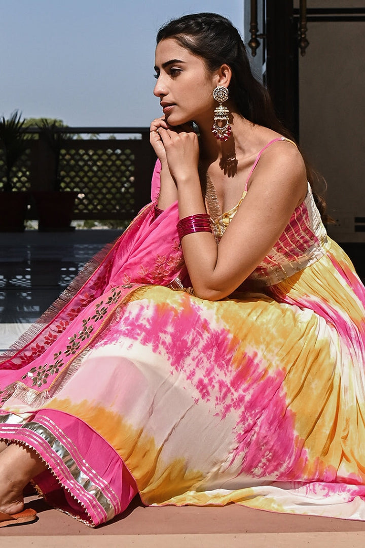 Manchali Yellow-Pink Embroidered Spaghetti Kurta With Pant & Gota Patti Dupatta