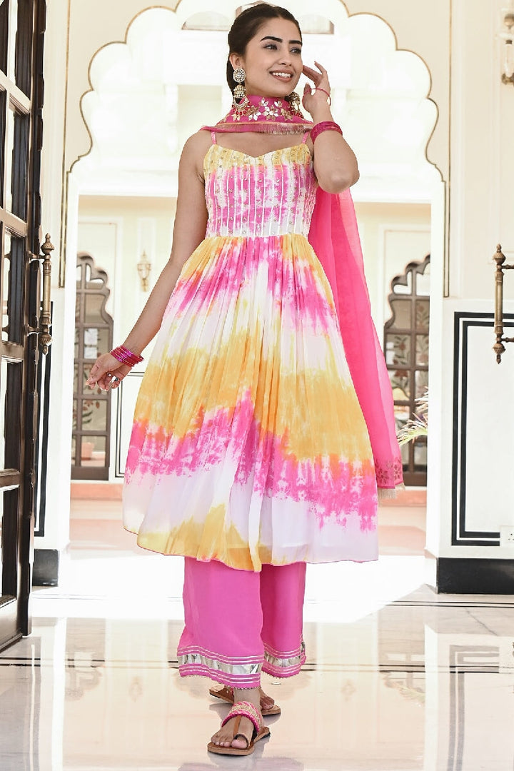 Manchali Yellow-Pink Embroidered Spaghetti Kurta With Pant & Gota Patti Dupatta