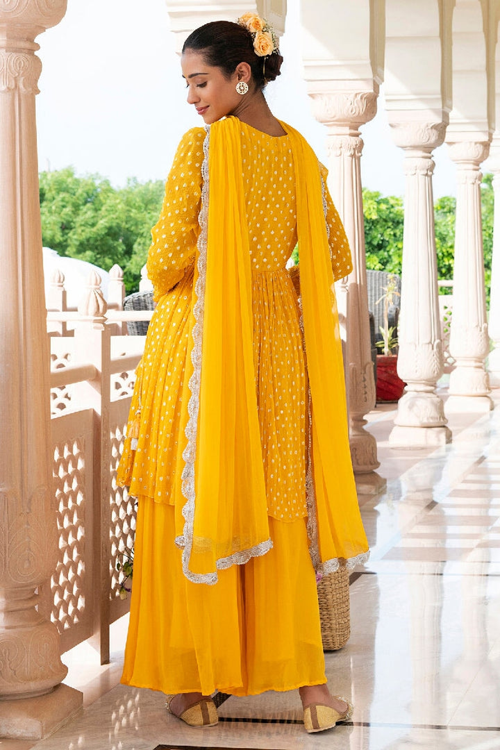 Mehreen Yellow Lurex Flared Kurta With Sharara & Dupatta