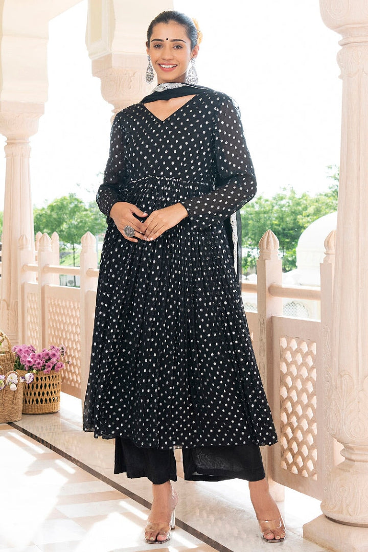 Naaz Schwarze Lurex ausgestellte Kurta mit Hose und Dupatta