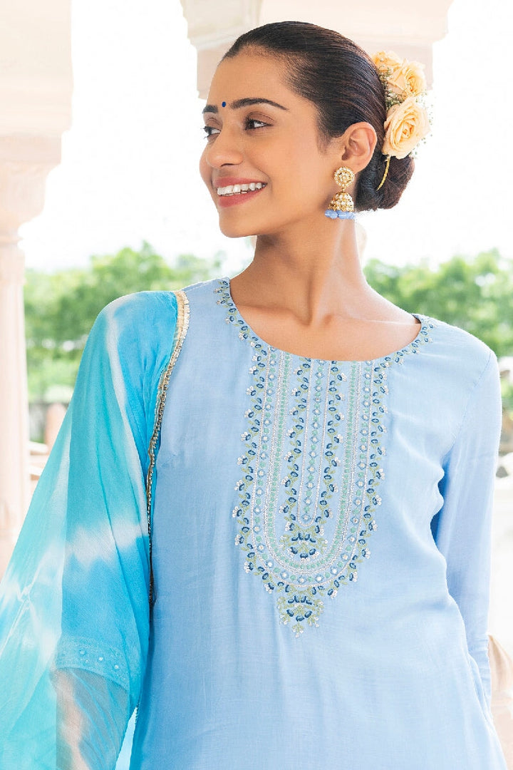 Naazneen Light Blue  Embroidered Straight Kurta With Pant & Dupatta