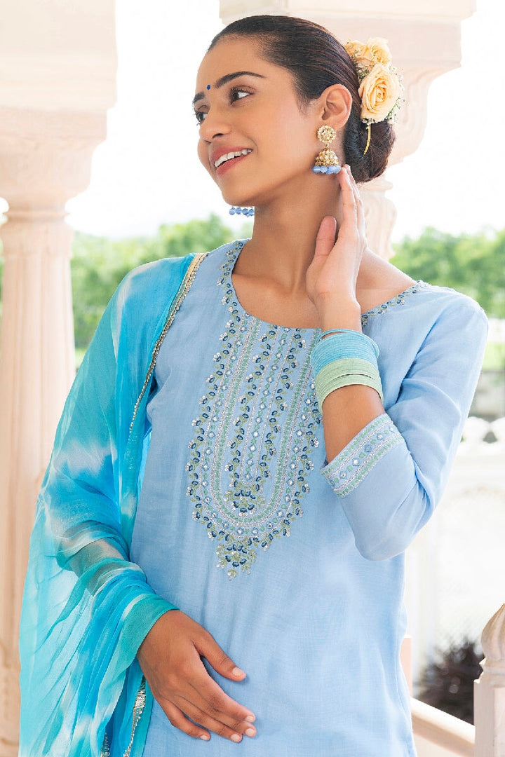 Naazneen Light Blue  Embroidered Straight Kurta With Pant & Dupatta