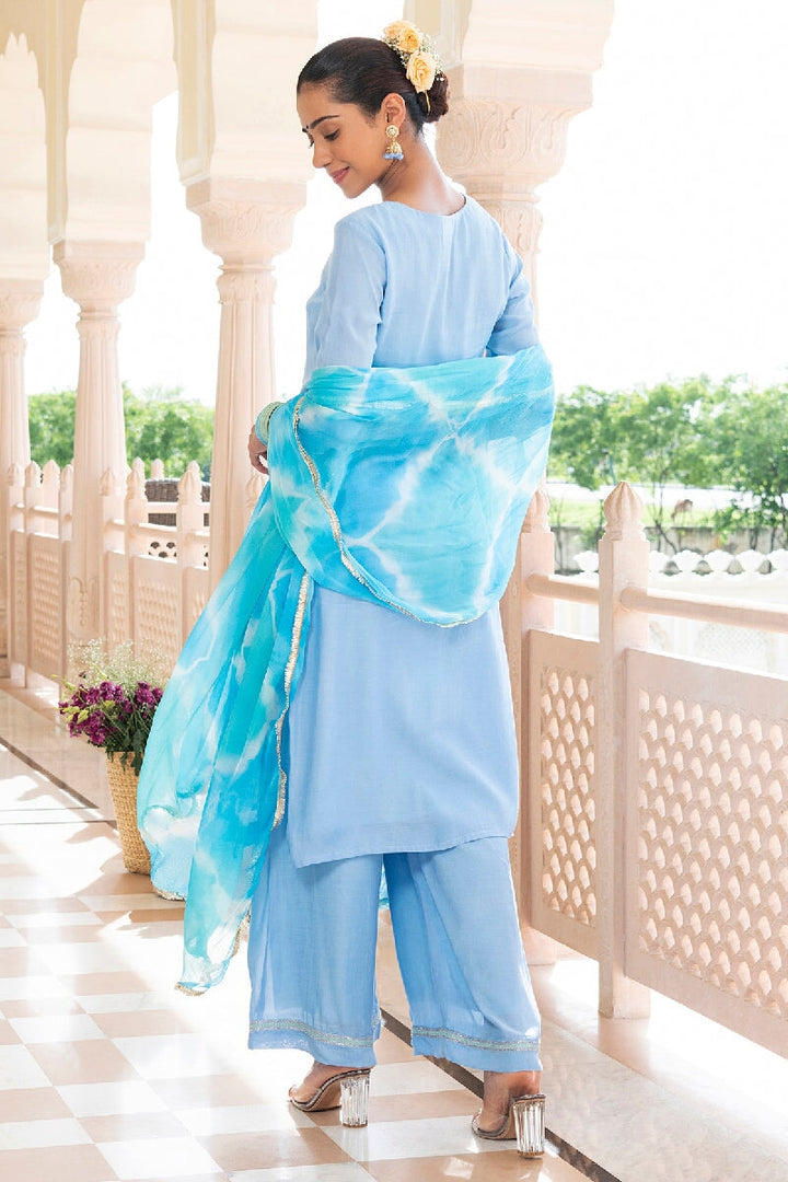 Naazneen Light Blue  Embroidered Straight Kurta With Pant & Dupatta