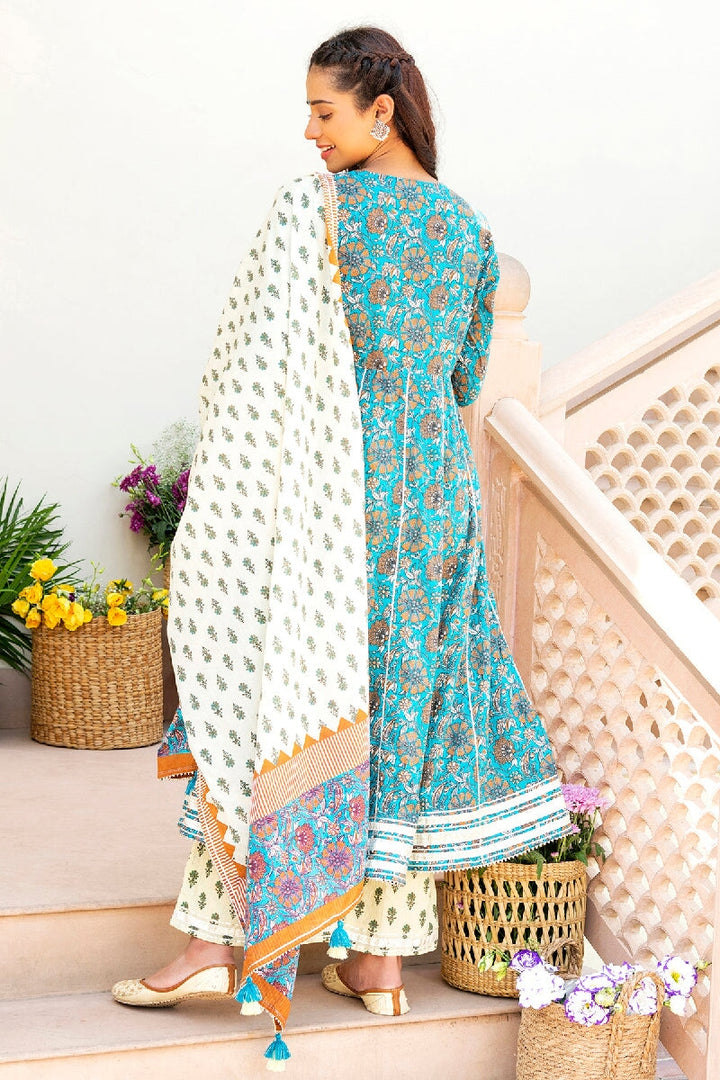 Nazreen Printed Blue Embroidered Flared Kurta With Pant & Dupatta