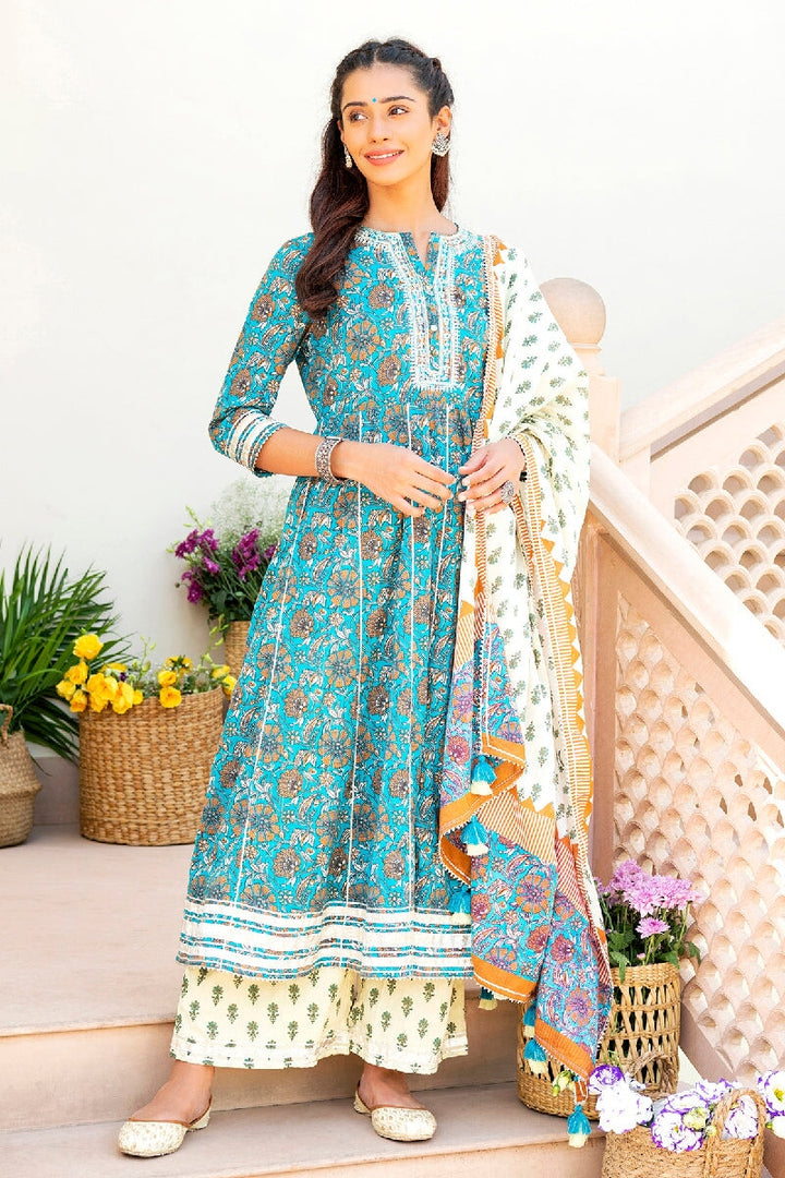 Nazreen Printed Blue Embroidered Flared Kurta With Pant & Dupatta