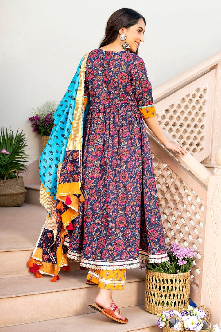 Noorani Printed Purple Sequins Flared Kurta With Pant & Dupatta