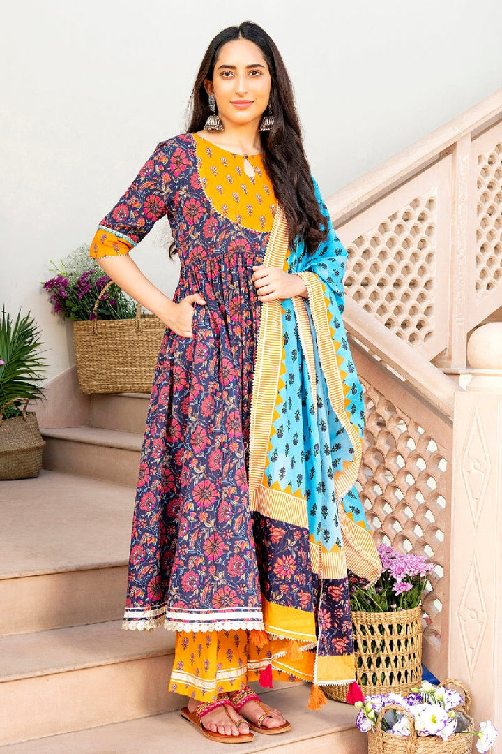 Noorani Printed Purple Sequins Flared Kurta With Pant & Dupatta