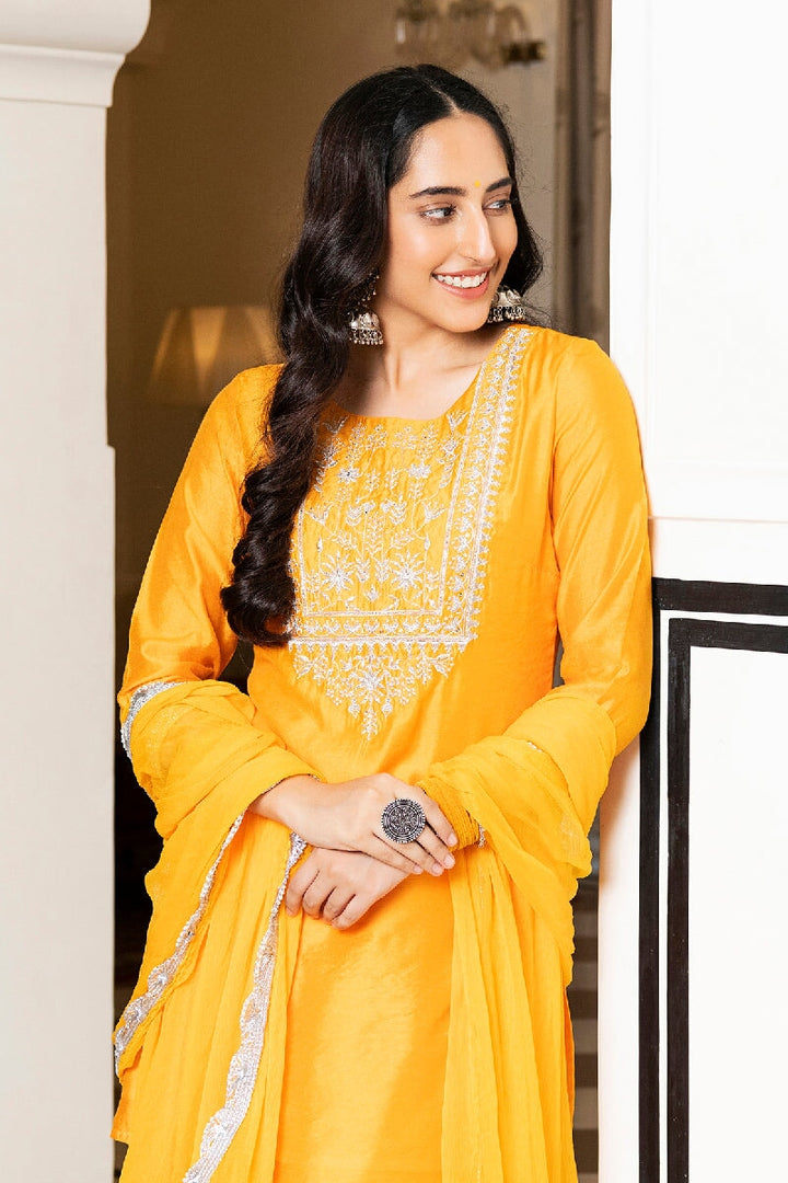 Noori Yellow Embroidered Kurta With Sharara & Dupatta