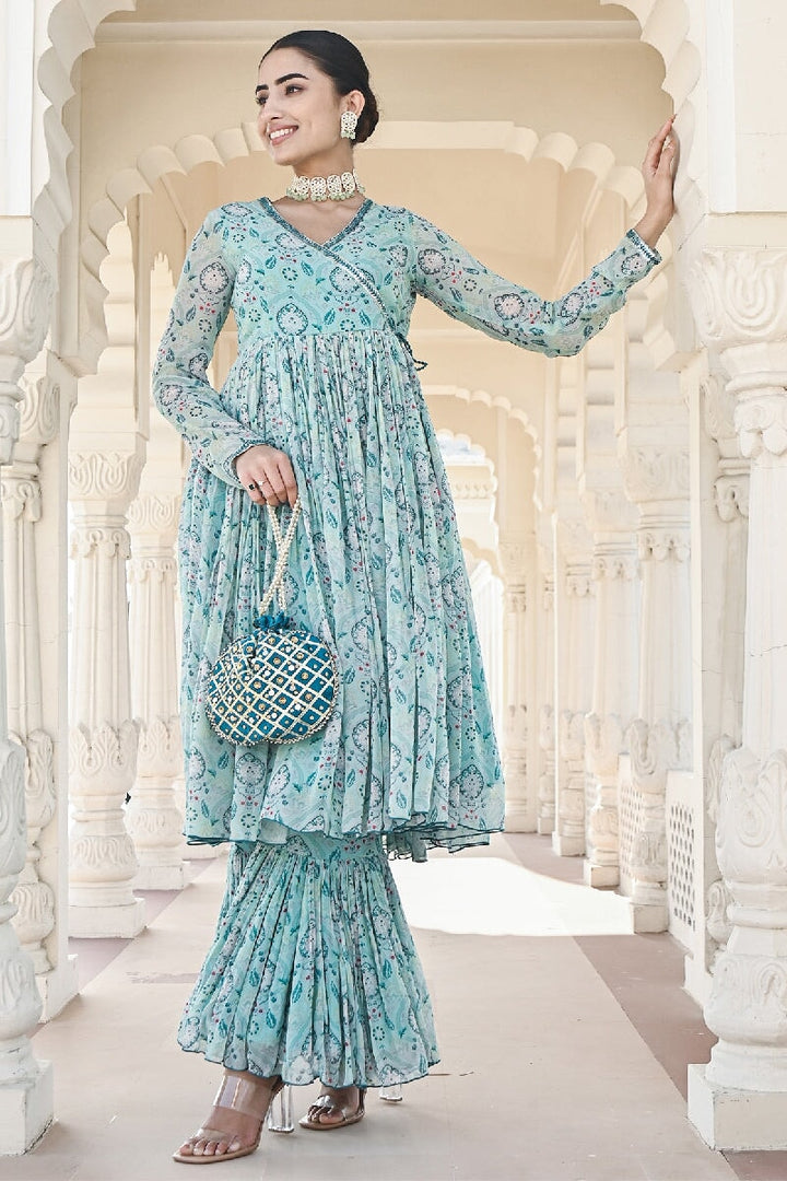 Noor Printed Blue Sequins Angrakha Flared Kurta & Sharara