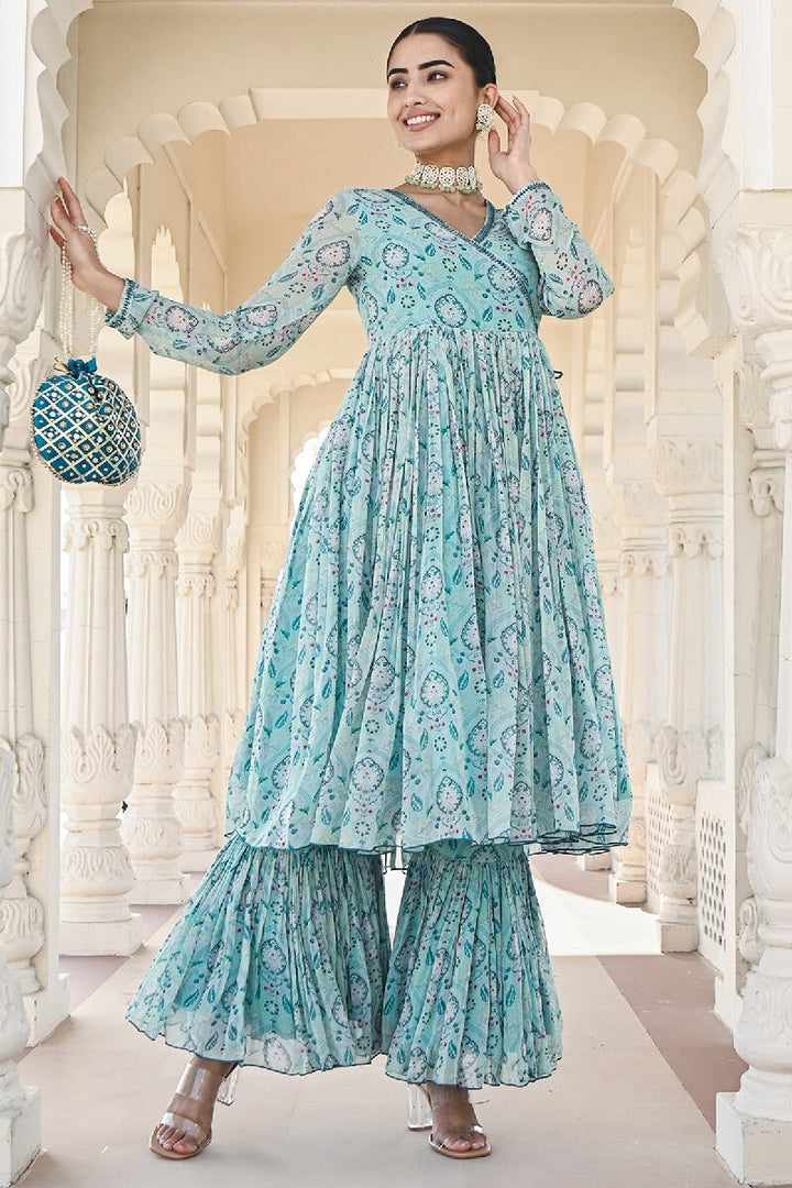 Noor Printed Blue Sequins Angrakha Flared Kurta & Sharara