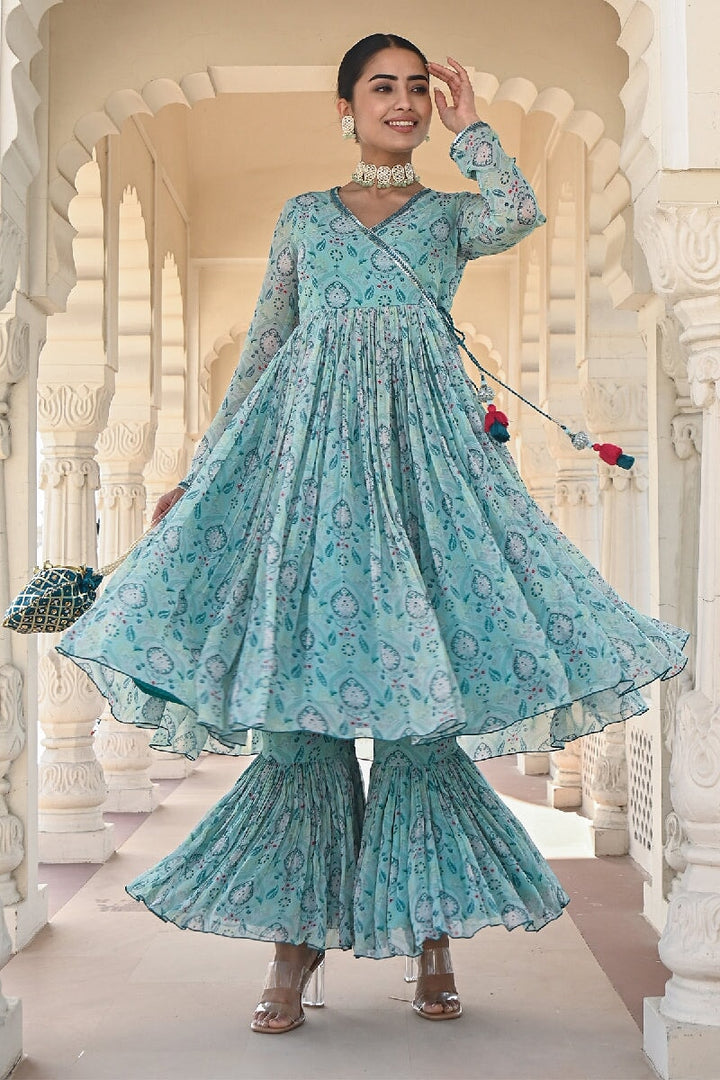 Noor Printed Blue Sequins Angrakha Flared Kurta & Sharara