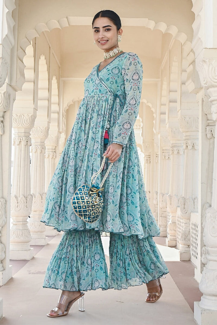 Noor Printed Blue Sequins Angrakha Flared Kurta & Sharara