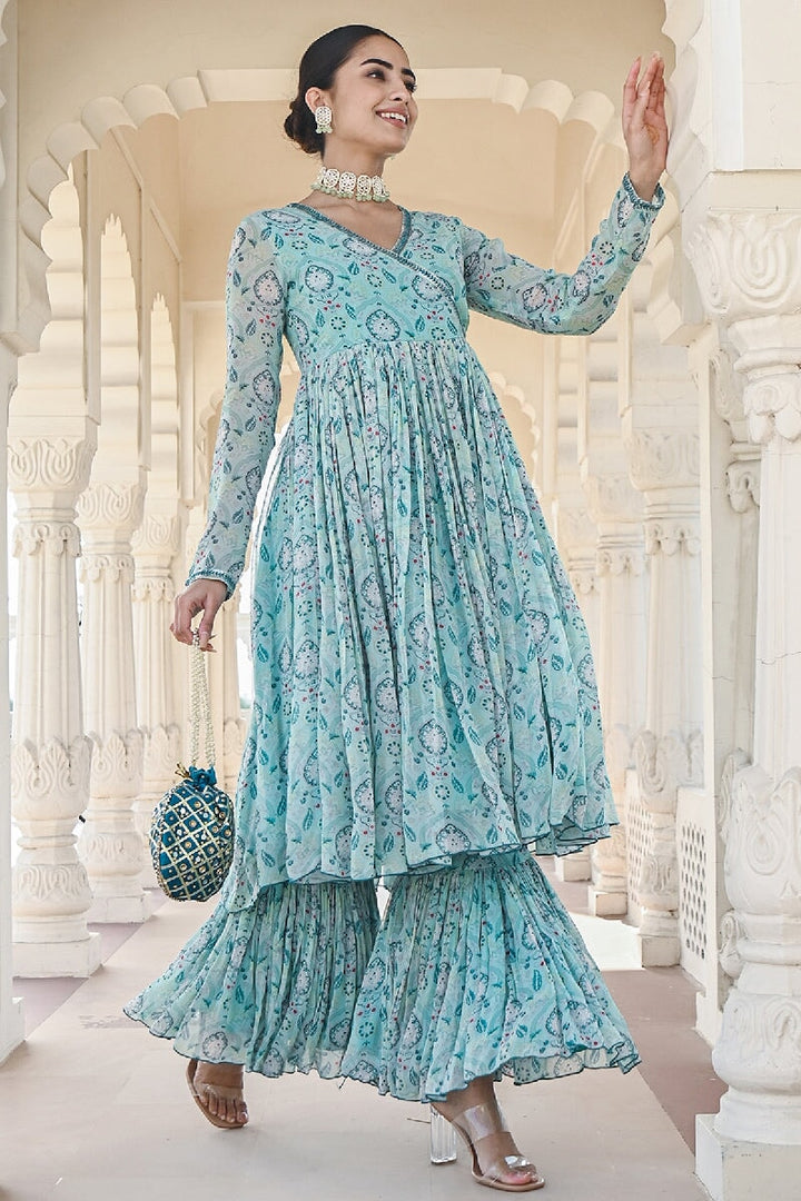 Noor Printed Blue Sequins Angrakha Flared Kurta & Sharara