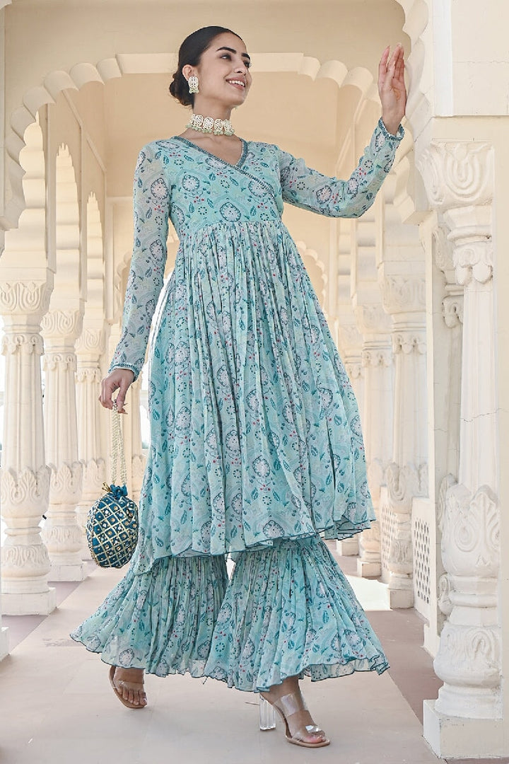 Noor Printed Blue Sequins Angrakha Flared Kurta & Sharara