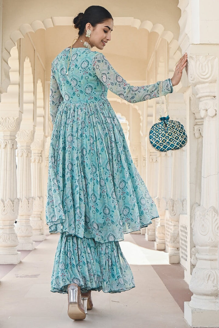 Noor Printed Blue Sequins Angrakha Flared Kurta & Sharara