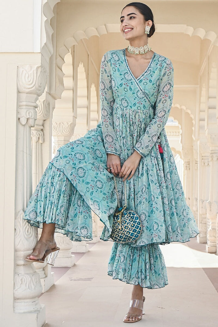 Noor Printed Blue Sequins Angrakha Flared Kurta & Sharara