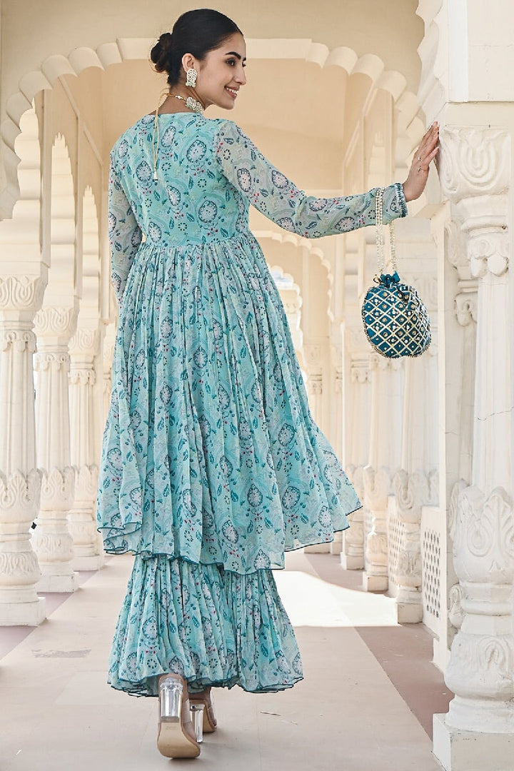 Noor Printed Blue Sequins Angrakha Flared Kurta & Sharara