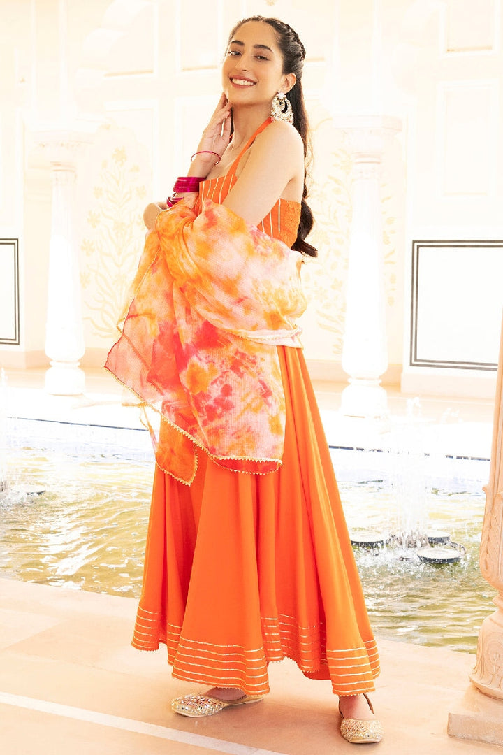 Pancy Orange Flared Kurta With Pant & Dupatta