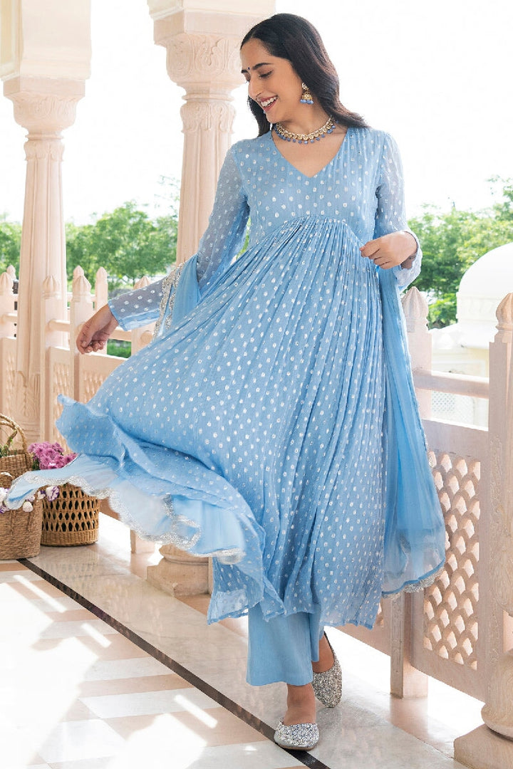 Pashmeena Light Blue Lurex Flared Kurta With Pant & Dupatta