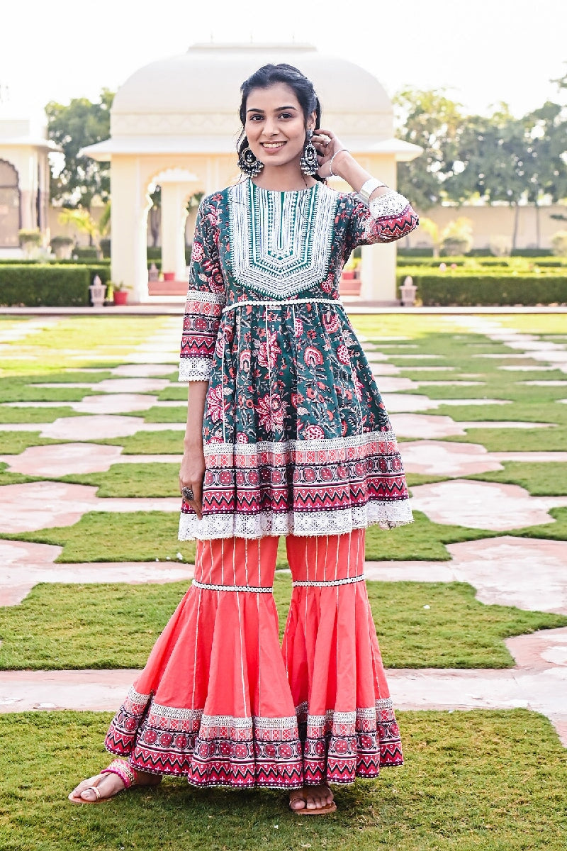 Pashto Printed Deep Green-Pink Embroidered Flared Kurta & Sharara