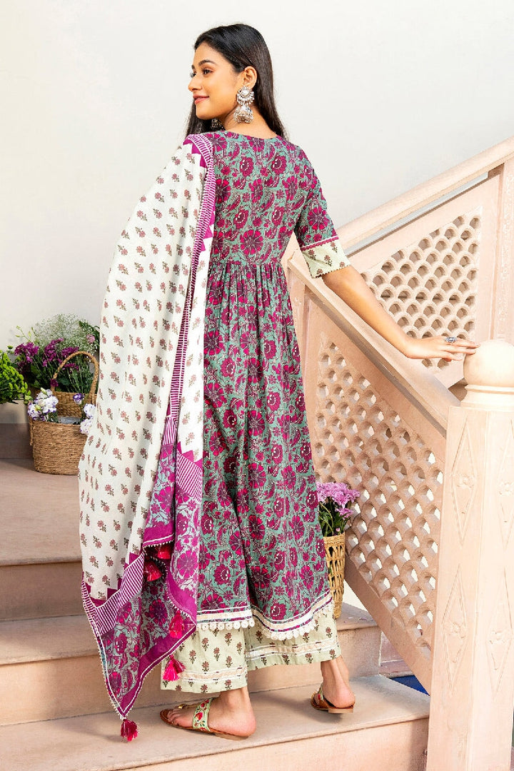 Praharshit Printed Green Sequins Flared Kurta With Pant & Dupatta