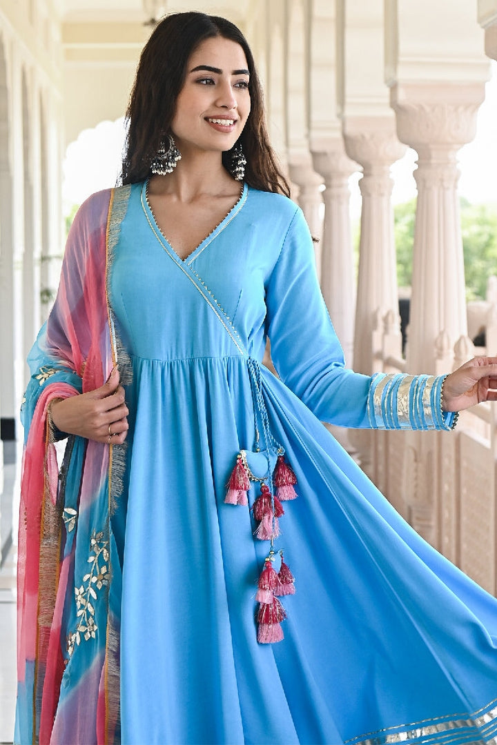 Raagni Solid Blue Angrakha Flared Kurta With Pant & Dupatta