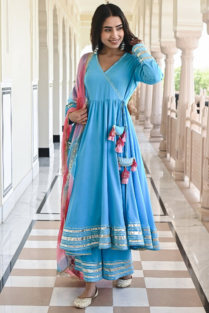 Raagni Solid Blue Angrakha Flared Kurta With Pant & Dupatta