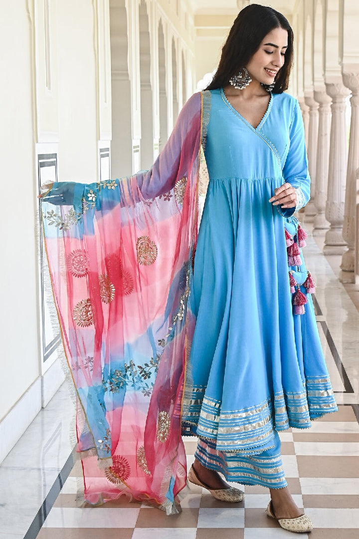 Raagni Solid Blue Angrakha Flared Kurta With Pant & Dupatta