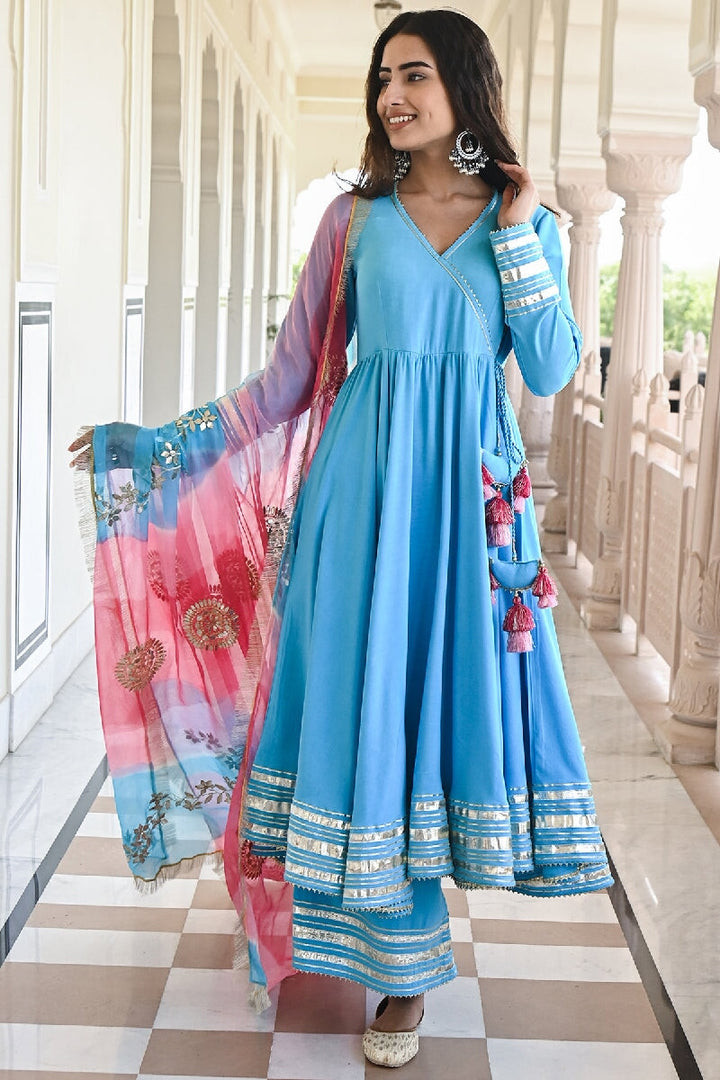 Raagni Solid Blue Angrakha Flared Kurta With Pant & Dupatta