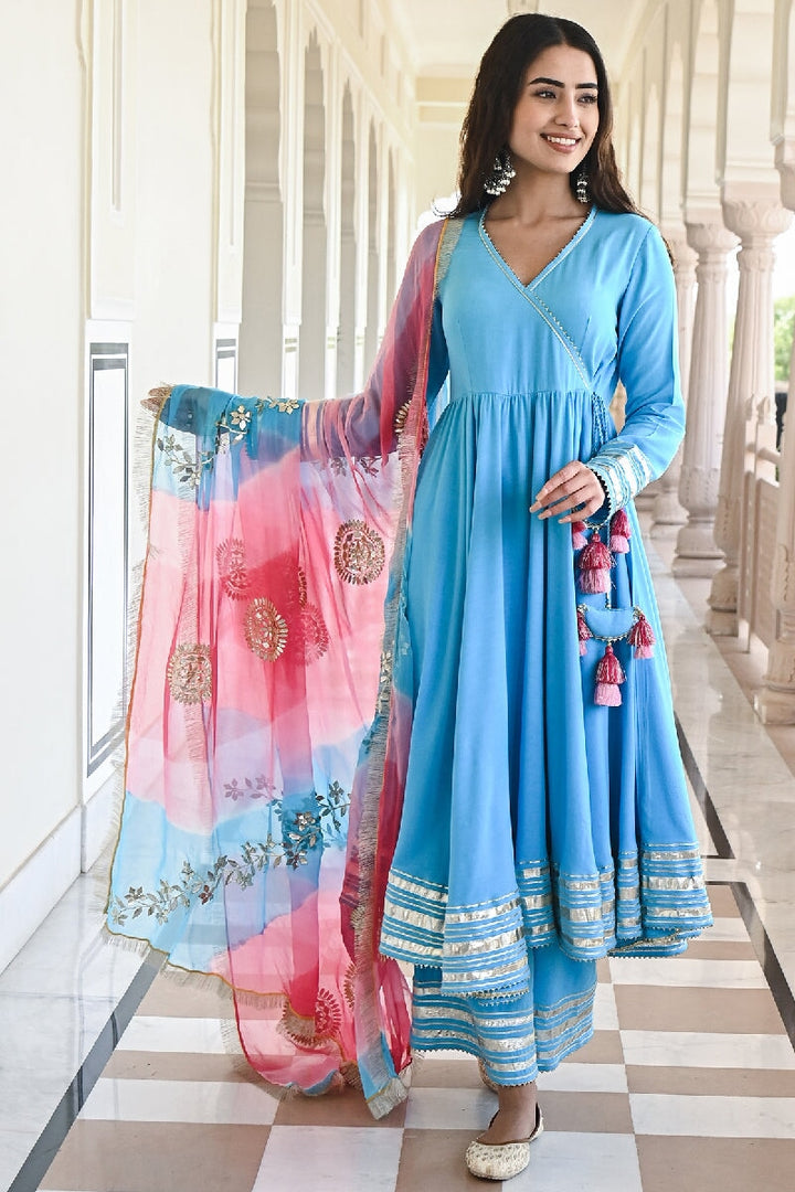 Raagni Solid Blue Angrakha Flared Kurta With Pant & Dupatta