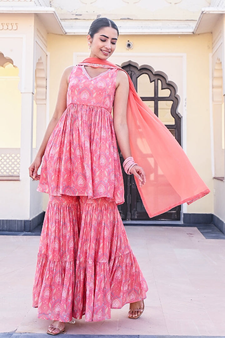 Reza Printed Red Sleeveless Sequins Falred Kurta With Sharara & Dupatta