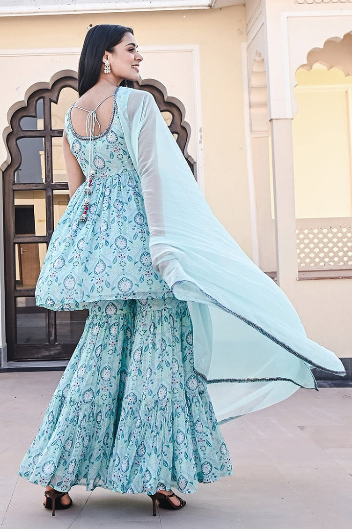 Ruhaani Printed Blue Sleeveless Sequins Flared Kurta With Sharara & Dupatta