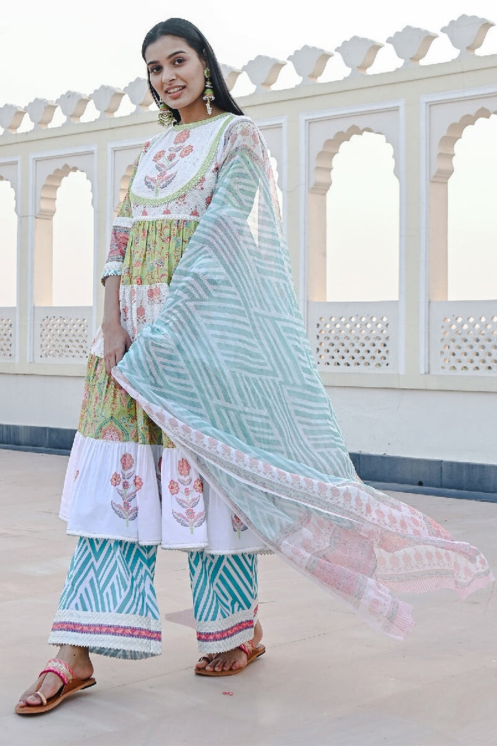 Saanjh Printed Green-White Sequins Flared Kurta With Wide-Leg Pant & Dupatta