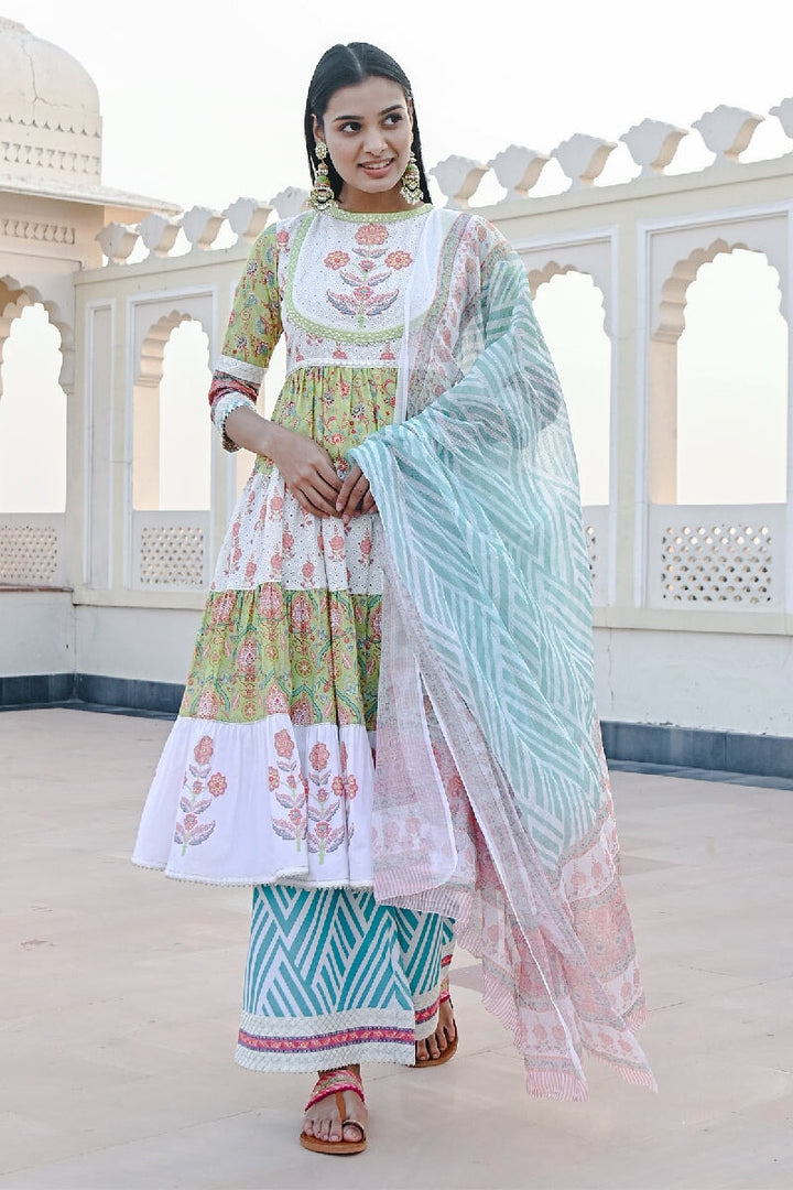 Saanjh Printed Green-White Sequins Flared Kurta With Wide-Leg Pant & Dupatta