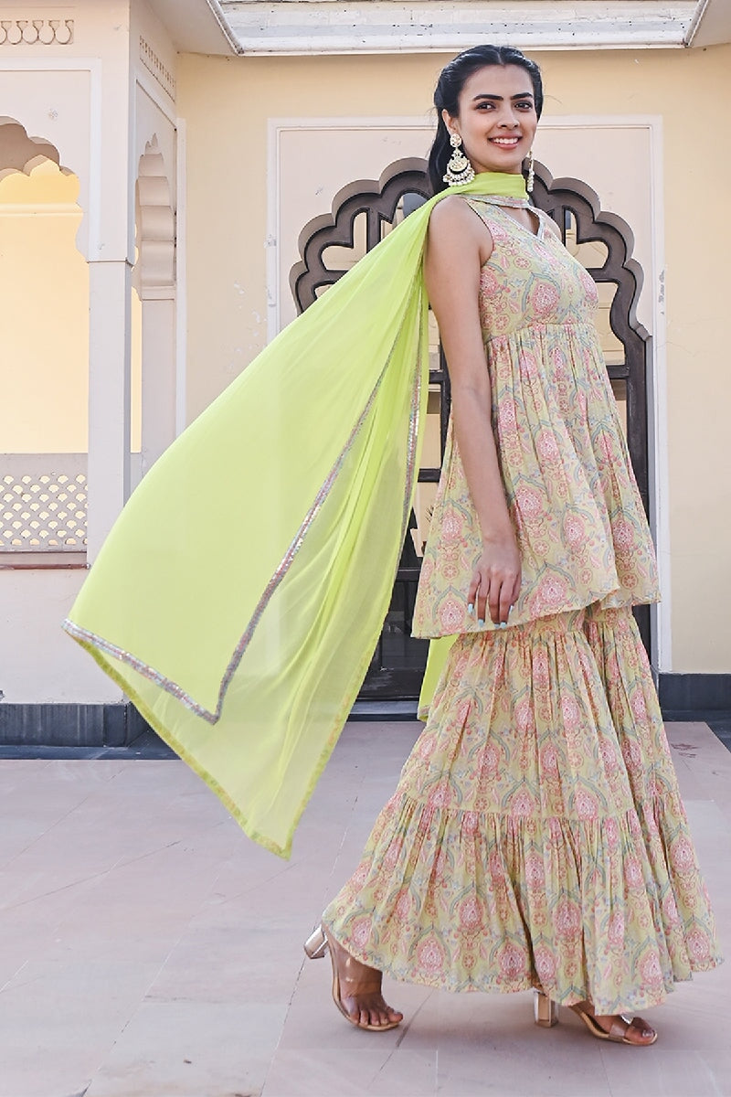 Sajja Printed Green Sleeveless Sequins Flared Kurta With Sharara & Dupatta