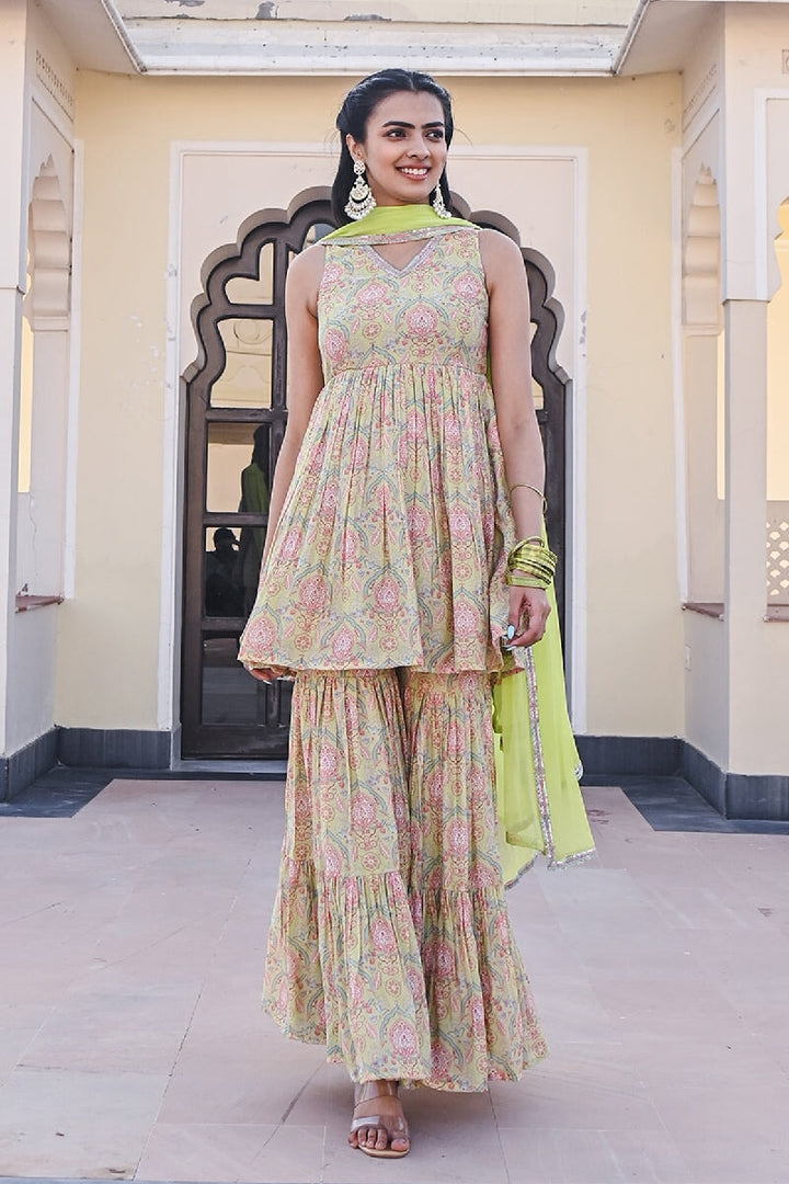 Sajja Printed Green Sleeveless Sequins Flared Kurta With Sharara & Dupatta