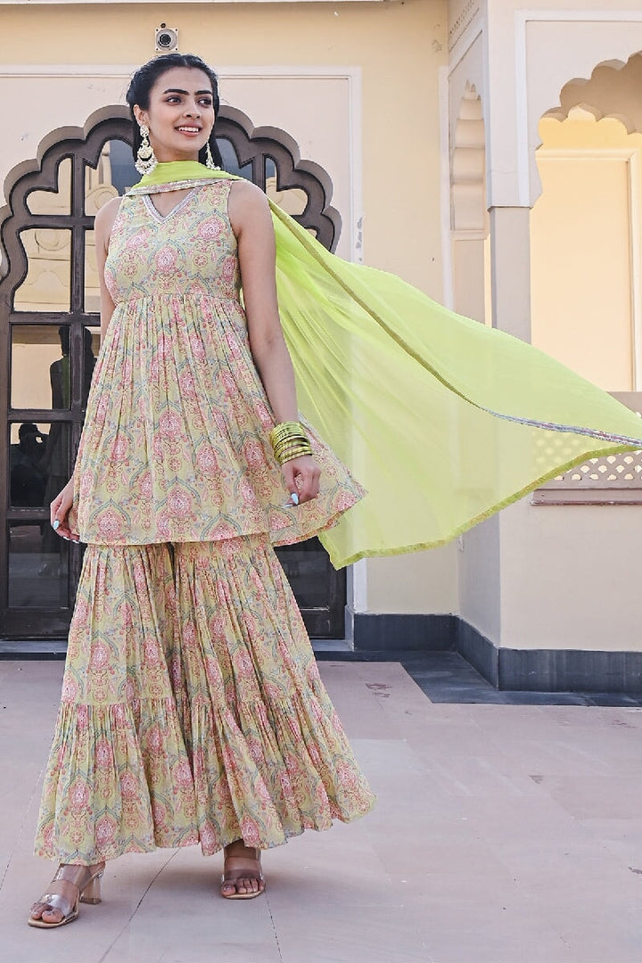 Sajja Printed Green Sleeveless Sequins Flared Kurta With Sharara & Dupatta