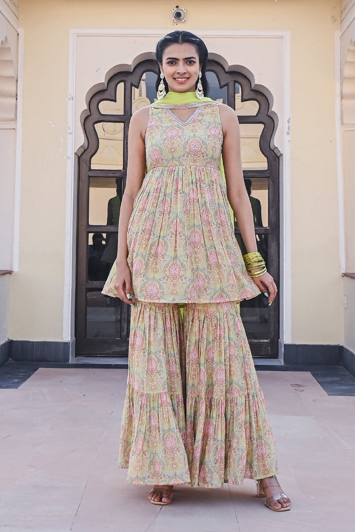 Sajja Printed Green Sleeveless Sequins Flared Kurta With Sharara & Dupatta