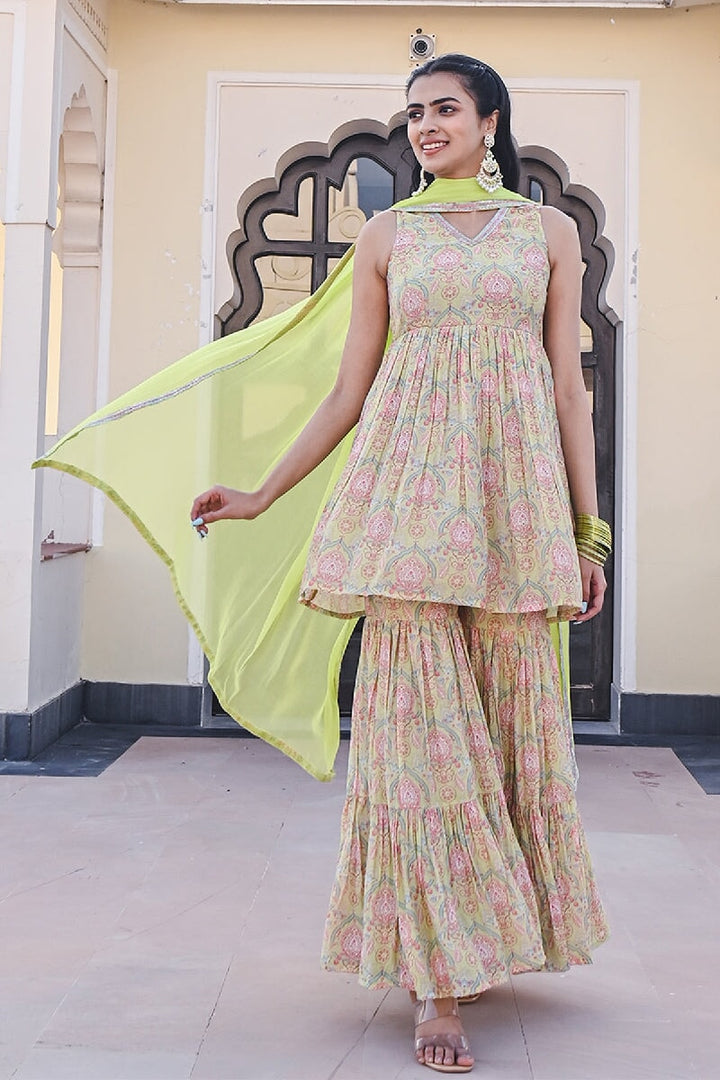 Sajja Printed Green Sleeveless Sequins Flared Kurta With Sharara & Dupatta