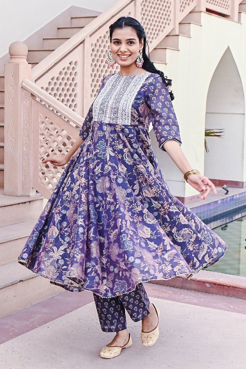 Shagan Printed Blue Sequins Flared Kurta With Pant & Dupatta