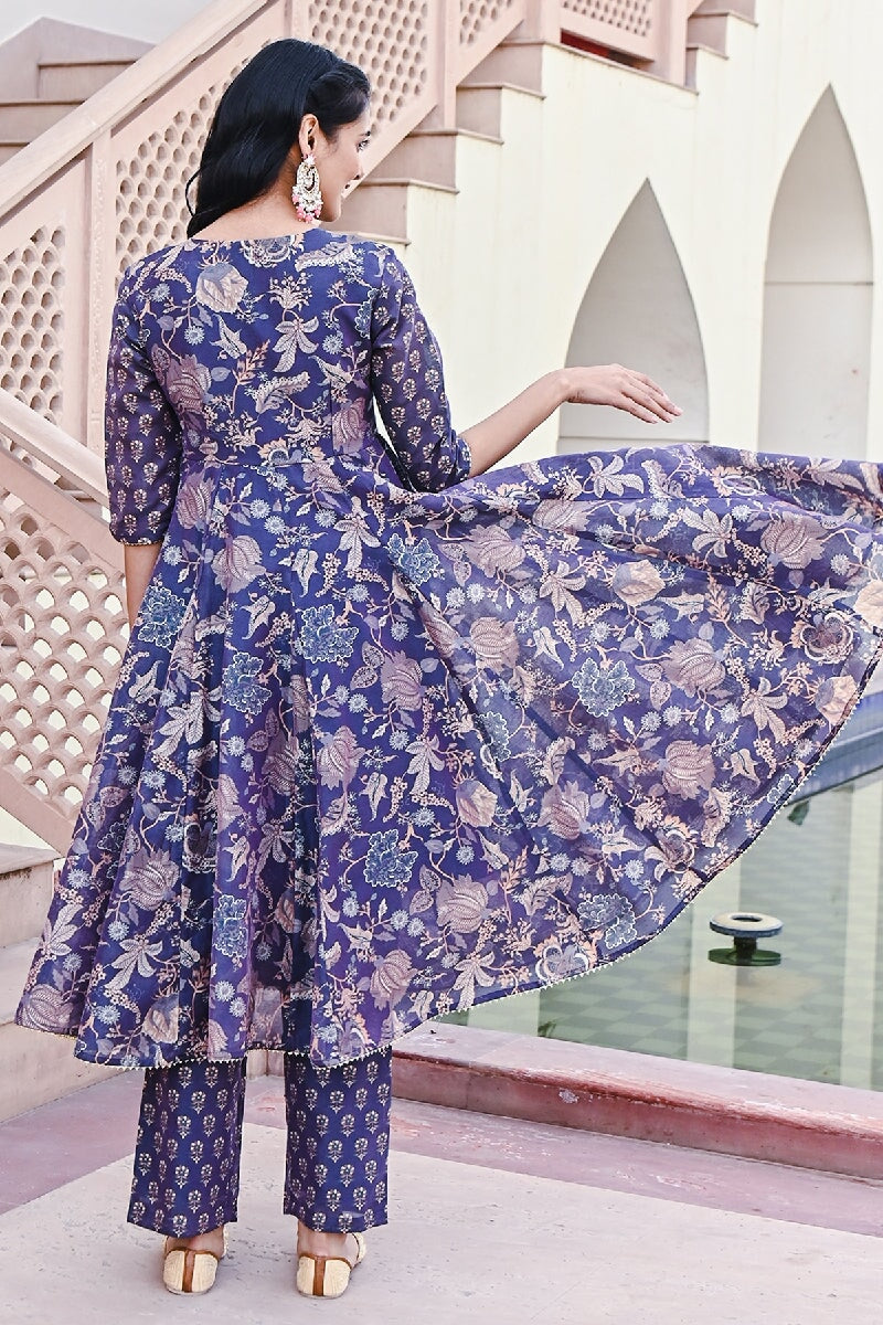 Shagan Printed Blue Sequins Flared Kurta With Pant & Dupatta