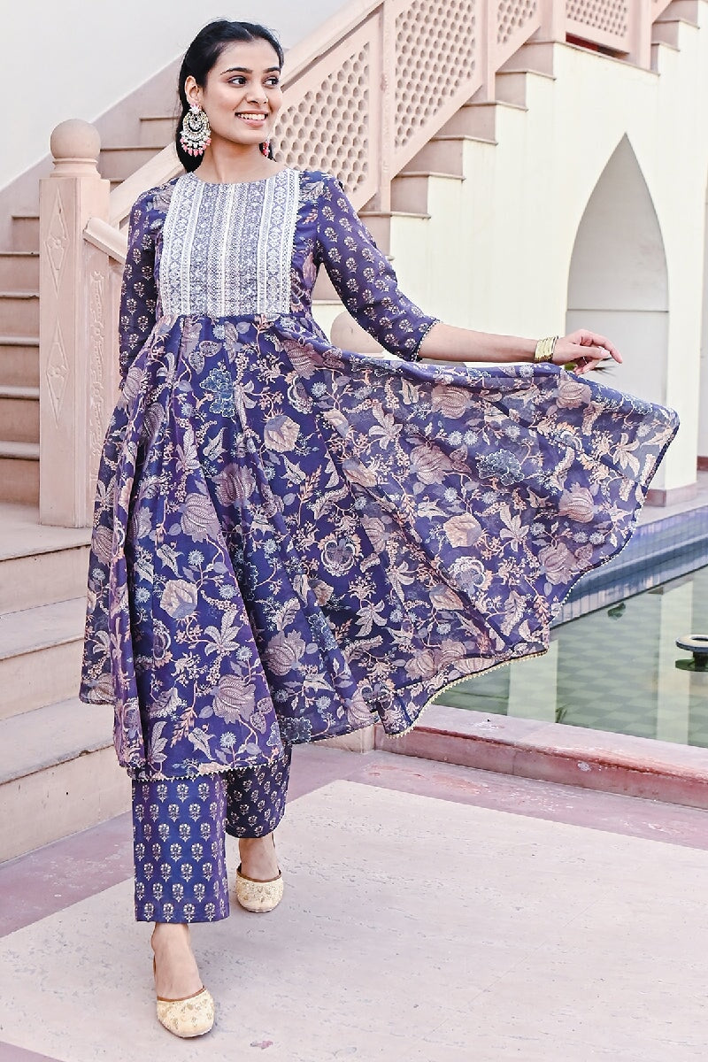 Shagan Printed Blue Sequins Flared Kurta With Pant & Dupatta