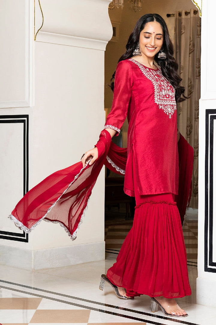 Sofia Red Embroidered Kurta With Sharara & Dupatta