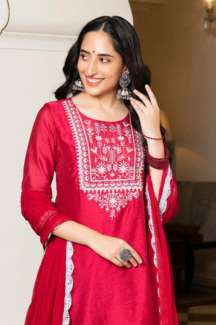 Sofia Red Embroidered Kurta With Sharara & Dupatta