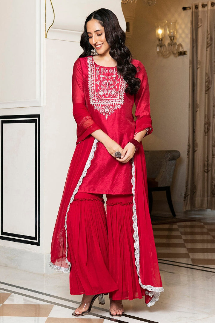 Sofia Red Embroidered Kurta With Sharara & Dupatta