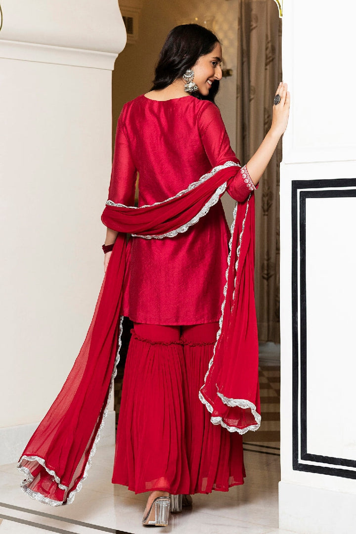 Sofia Red Embroidered Kurta With Sharara & Dupatta